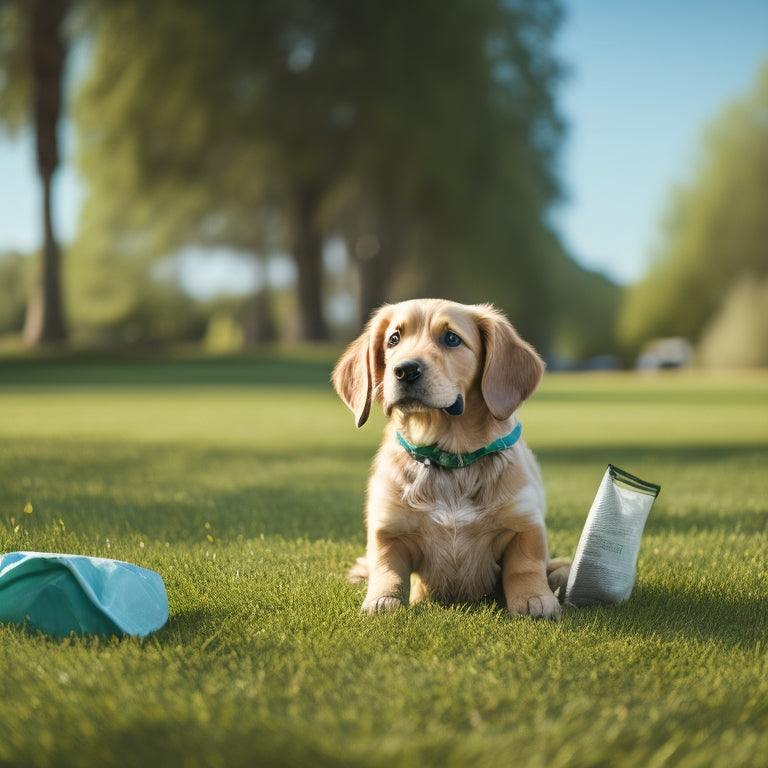 A playful puppy sitting on a grassy lawn, surrounded by scattered puppy pads, with a few successful "accidents" in the background, and a proud owner holding a poop bag in the distance.