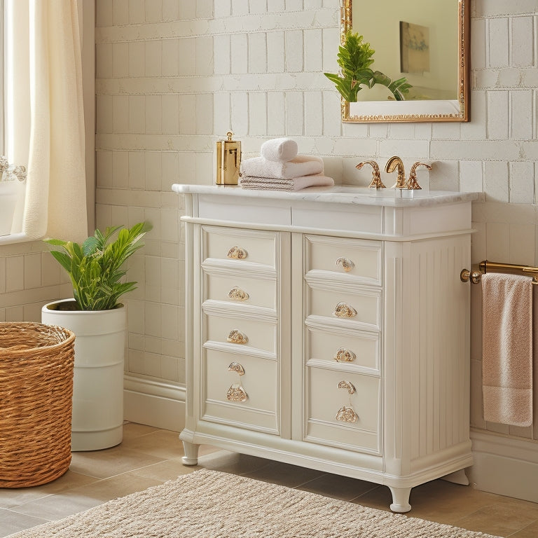 A white, freestanding bathroom storage bench with three drawers, adorned with ornate silver handles, placed in front of a cream-colored tile wall with a few decorative towels and a potted plant nearby.