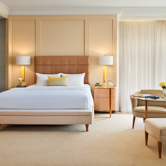 A serene, luxurious resort room with a plush king-sized bed, crisp white linens, and a perfectly arranged closet with color-coded outfits, polished shoes, and a minimalist desk with a single, elegant lamp.