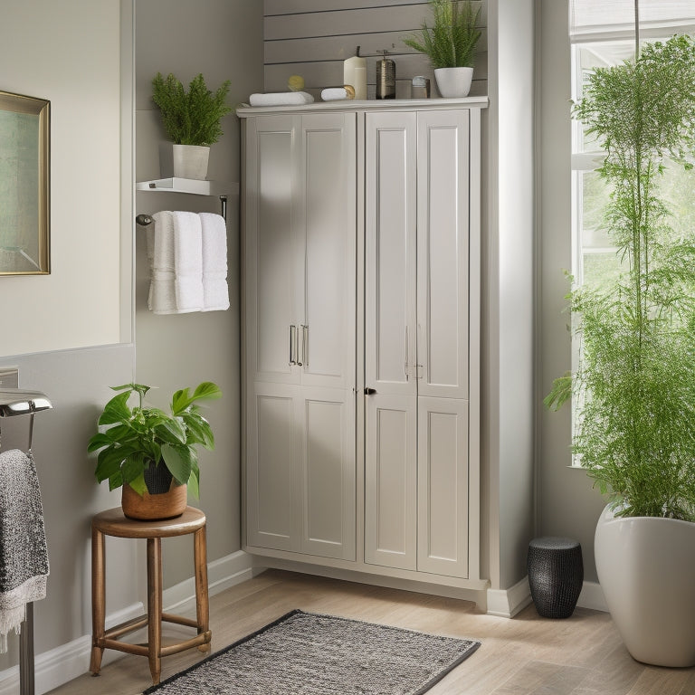 A sleek, modern bathroom with a wall-mounted cabinet featuring a mirrored door, a recessed medicine cabinet, and a decorative ladder leaning against a wall, holding rolled towels and a potted plant.