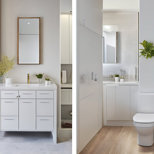A modern bathroom with a sleek, white vanity featuring a sliding drawer with a hidden compartment behind a mirror, alongside a toilet with a secret storage tank and a floor-to-ceiling cabinet with a hidden shelf.