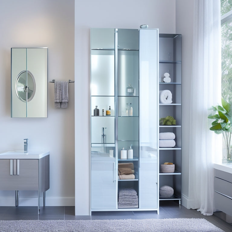 A modern bathroom with a sleek, freestanding storage tower featuring six glass shelves, chrome accents, and a built-in cabinet, surrounded by a minimalist sink and a large, frameless mirror.