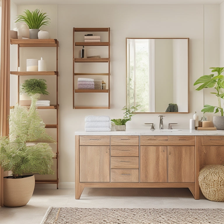 A chic bathroom featuring sleek modular storage units in warm wood tones, geometric shelves filled with neatly arranged towels, plants, and decorative baskets, complemented by modern fixtures and soft natural lighting for an inviting atmosphere.