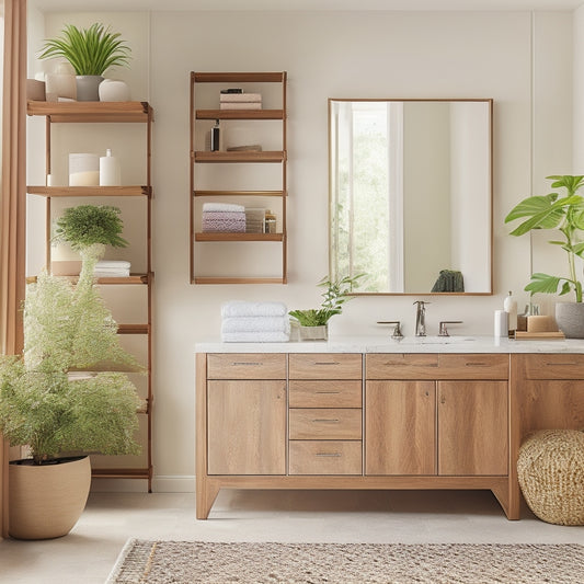 A chic bathroom featuring sleek modular storage units in warm wood tones, geometric shelves filled with neatly arranged towels, plants, and decorative baskets, complemented by modern fixtures and soft natural lighting for an inviting atmosphere.