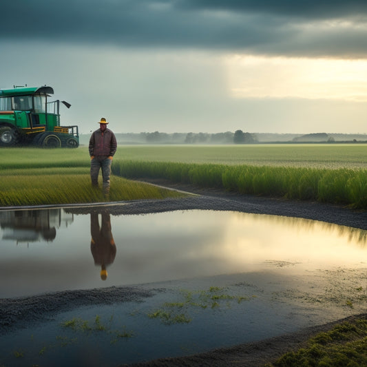 A misty farm landscape with a flooded field, waterlogged crops, and a farmer standing knee-deep in water, surrounded by broken farm equipment and a grey, ominous sky.