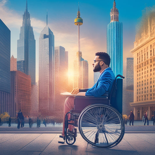 A stylized illustration of a person in a wheelchair standing in front of a laptop, surrounded by accessibility symbols, with a cityscape or government building in the background, conveying inclusivity and empowerment.