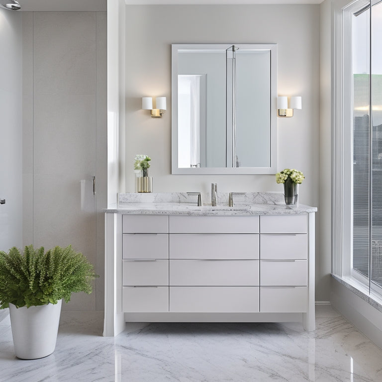 A sleek, modern bathroom with a large, rectangular marble countertop featuring subtle veining, installed atop a crisp white cabinet, surrounded by gleaming chrome fixtures and a wall-mounted mirror.