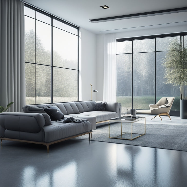 A modern living room with a sleek, minimalist aesthetic, featuring a modular sofa, floor-to-ceiling windows, and a 3D floor plan projection hovering above the floor.