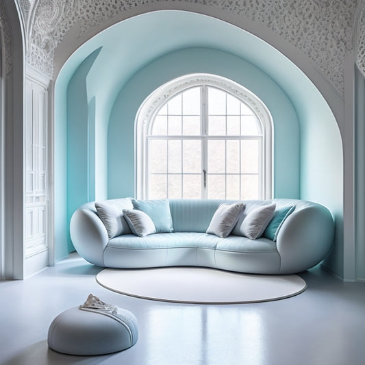 A modern living room with a 3D-printed, curved sofa in a soft, pastel blue, surrounded by sleek, minimalist decor and a large window with a 3D-printed, intricate lattice pattern.