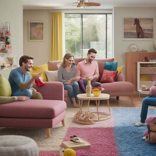 A colorful, clutter-free living room with a busy family of four in the background, playing and laughing together, surrounded by minimal, multi-functional furniture and clever storage solutions.