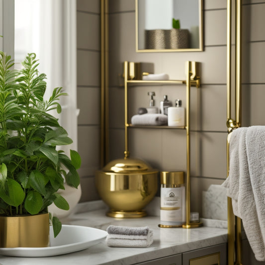 A beautifully styled bathroom with three-tiered, polished chrome shelves mounted on a soft gray wall, holding rolled towels, potted plants, and decorative soap dispensers, surrounded by warm, golden lighting.