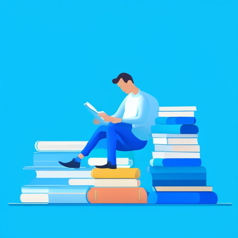 A stylized, minimalist illustration of a person sitting on a pile of books, surrounded by floating ebooks and a subtle hint of a survey checklist in the background, all in a calming blue and white color scheme.