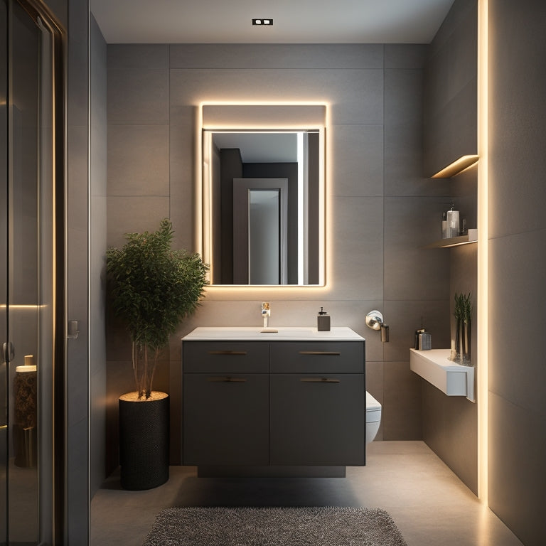 A sleek, modern bathroom with a large, wall-to-wall mirror, illuminated by soft, warm LED lights, featuring 7 stylish bathroom cupboards with varying shapes, sizes, and finishes.