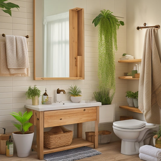 A serene bathroom with a freshly installed wooden shelf above the sink, adorned with a few rolled towels and a small potted plant, surrounded by DIY tools and scattered measuring tapes.