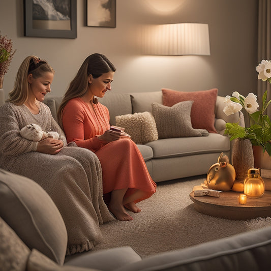 A serene and organized living room with a tidy toy corner, a vase with fresh flowers, and a warm glow from a lamp, surrounded by calm and happy family members in the background.