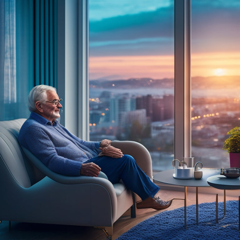 An illustration of a senior adult comfortably sitting on a sleek, modern couch, surrounded by smart home devices, with a subtle cityscape view through the window, conveying independence and accessibility.