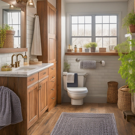 A beautifully styled, well-lit bathroom with a mixture of rustic and modern elements, featuring a refurbished vintage sink, a mosaic tile backsplash, and a repurposed wooden ladder as a towel rack.