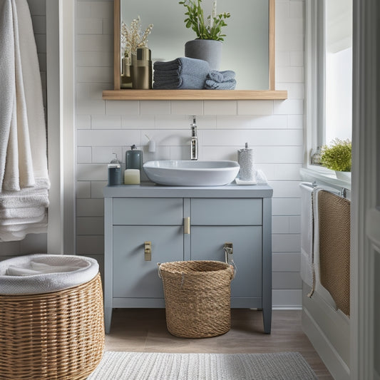 A serene, well-lit bathroom with a sleek, wall-mounted cabinet, a woven storage basket beneath the sink, and a decorative tray holding rolled towels and a few pampering essentials.