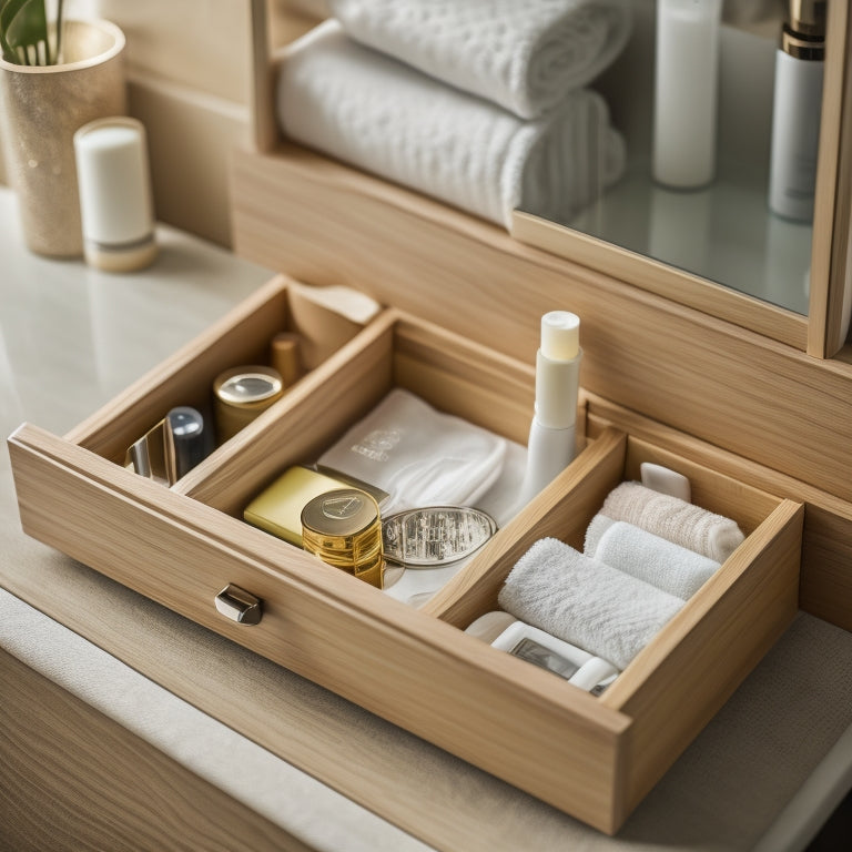A neatly arranged bathroom drawer showcasing sleek, bamboo dividers, holding a variety of toiletries, makeup, and personal care items, all beautifully organized, with soft natural lighting illuminating the scene for an inviting feel.