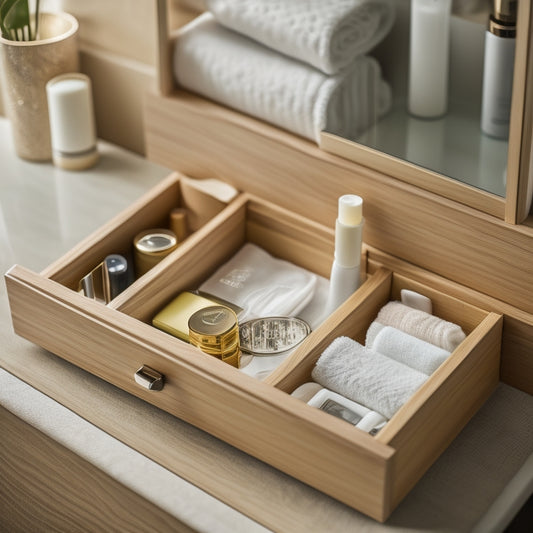 A neatly arranged bathroom drawer showcasing sleek, bamboo dividers, holding a variety of toiletries, makeup, and personal care items, all beautifully organized, with soft natural lighting illuminating the scene for an inviting feel.