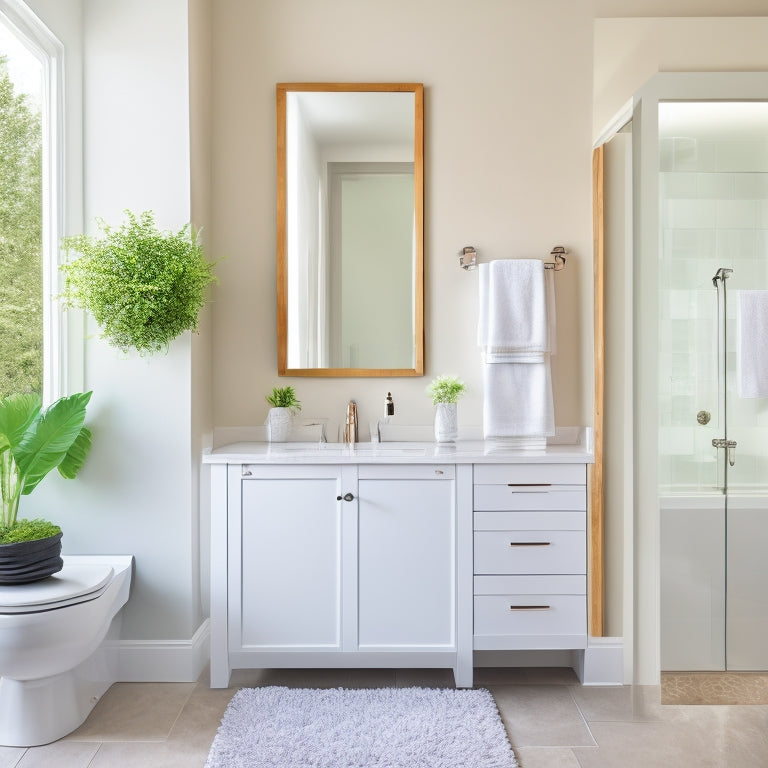 A serene bathroom with a sleek, white sink cabinet featuring soft-close drawers, a recessed medicine cabinet, and a wall-mounted cabinet with frosted glass doors, surrounded by minimal decor and plenty of negative space.