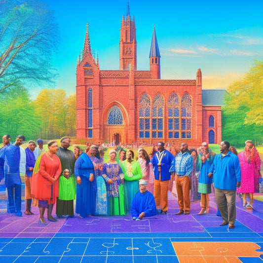 A vibrant illustration depicting diverse individuals from various cultural backgrounds, ages, and abilities gathered around a large, interconnected puzzle, with Duke University's chapel in the background.