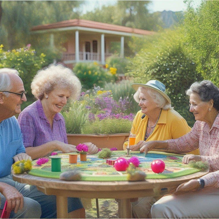 A warm, sunny scene depicting seniors of diverse backgrounds engaging in various activities: gardening, painting, and playing board games, surrounded by lush greenery and vibrant flowers in an Arizona community center.