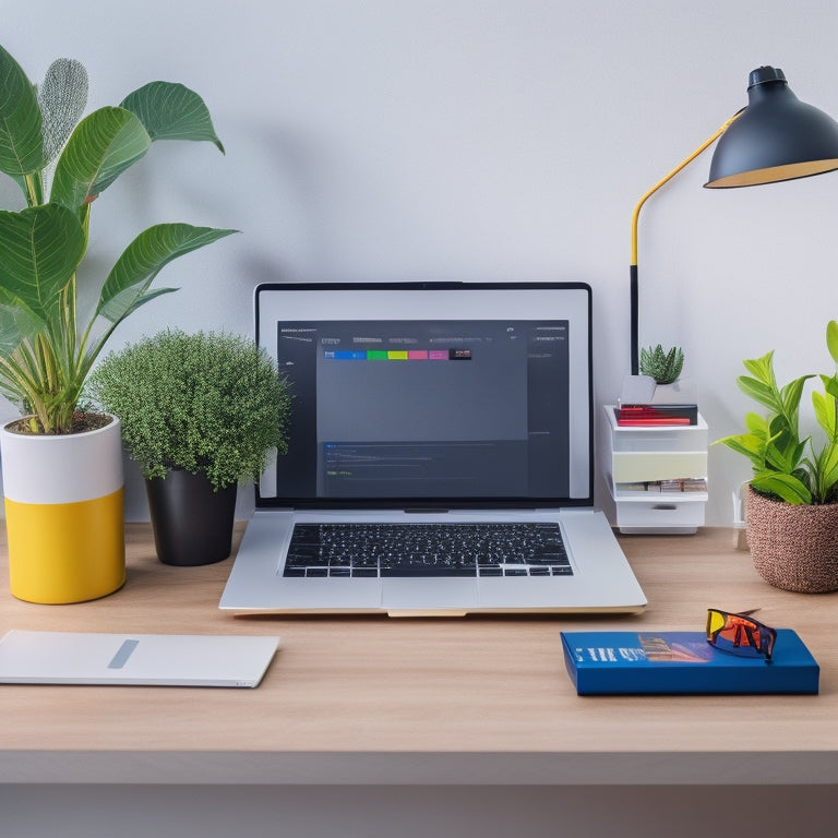 A minimalist, modern desk with a laptop, a small plant, and four colorful folders labeled with different icons (archive, project, area, and action) in a tidy, organized arrangement.