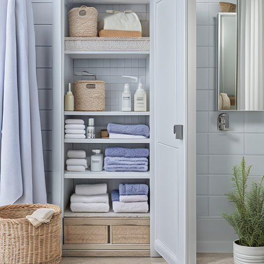 A tidy freestanding cabinet with glass doors, showcasing organized bathroom essentials: rolled towels, stacked skincare products, and a wicker basket holding toiletries, set against a calming, soft-gray background.