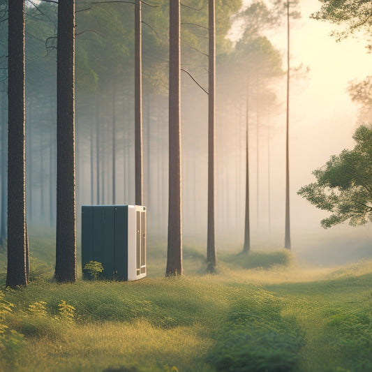 A serene landscape with a minimalist server rack in the distance, surrounded by lush greenery and a subtle mist, evoking feelings of calmness and reliability.