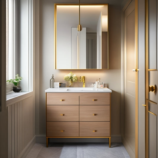 A luxurious bathroom with a sleek, wall-mounted cabinet featuring a hidden drawer that slides out to reveal a concealed storage compartment, surrounded by elegant fixtures and a minimalist aesthetic.