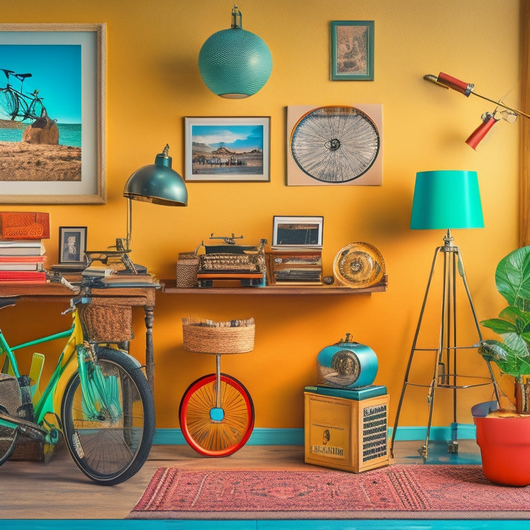 A vibrant collage of eclectic items: a vintage typewriter, a mid-century modern lamp, a stack of vinyl records, and a retro-style bicycle, set against a warm, earthy-toned background.