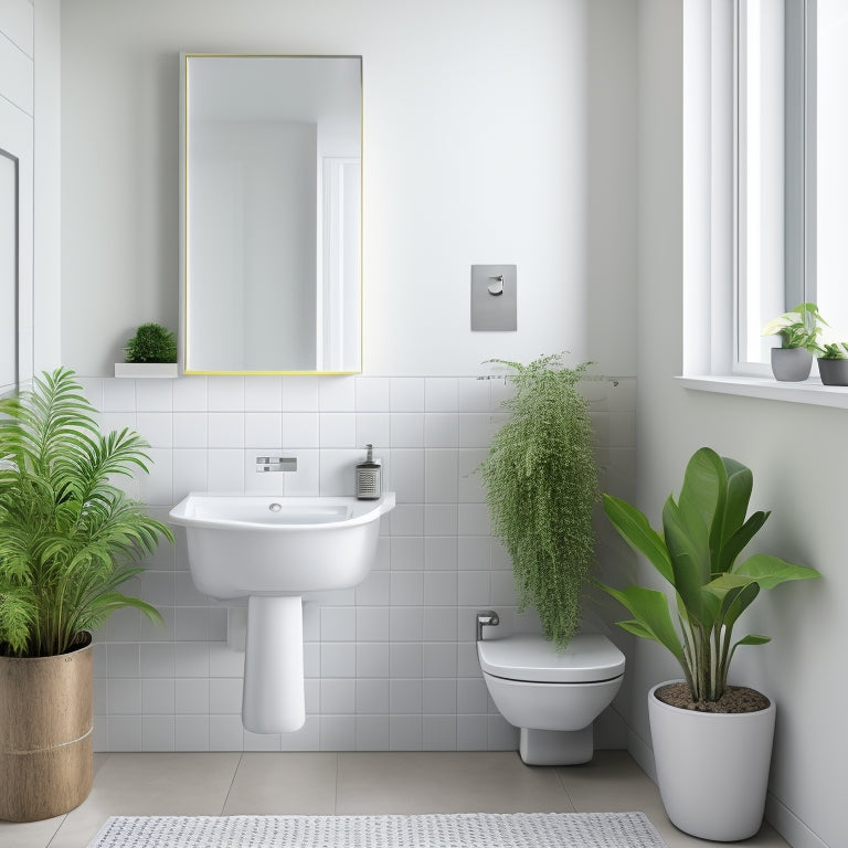 A minimalist bathroom with white walls and a compact sink, featuring a sleek, chrome-mounted shelf above the toilet, holding a few rolled towels and a small potted plant.