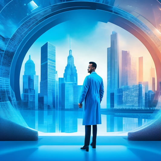 A stylized, modern illustration of a doctor or researcher standing in front of a large, open gateway, with a subtle cityscape or medical institution in the background, surrounded by swirling, abstract shapes representing innovation and discovery.