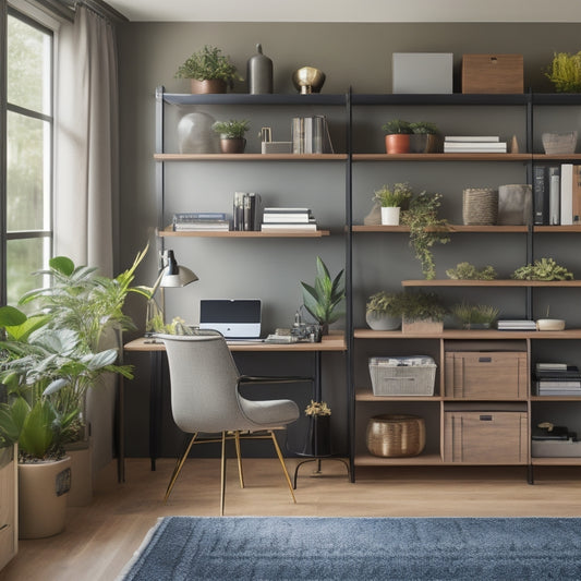 A tidy, modern home office with a custom-built shelving unit, featuring a mix of open and closed storage, surrounded by neatly organized books, decorative objects, and a few potted plants.