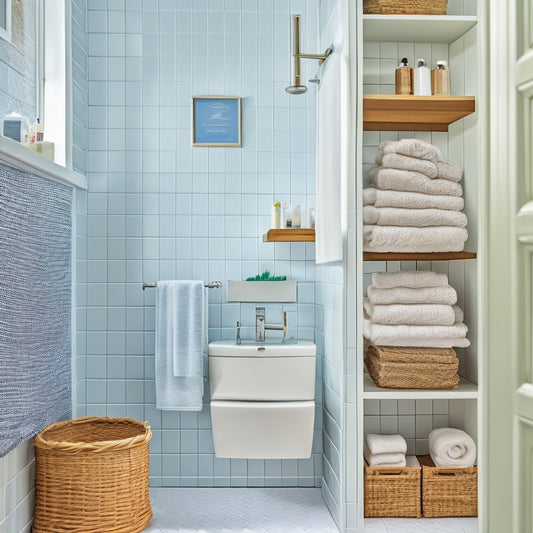 A serene, white-tiled bathroom with a wall-mounted cabinet, a woven basket on the counter, and a tiered shelving unit beside the sink, showcasing organized toiletries and towels.