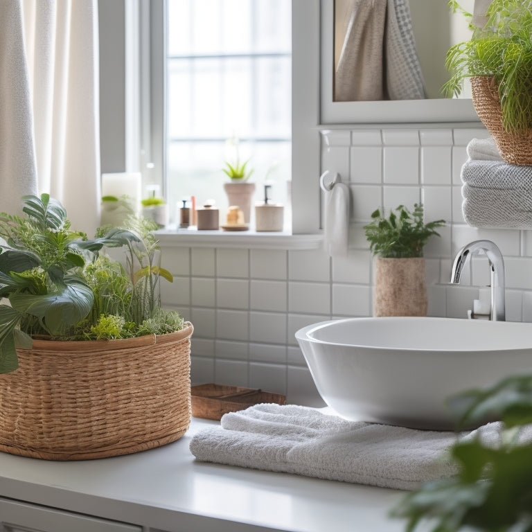 A tidy bathroom with a white countertop, a few neatly arranged toiletries, and a woven basket under the sink, surrounded by soft, natural light and a few potted plants.