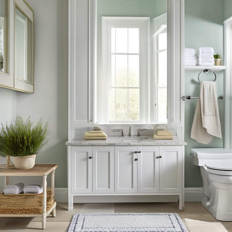 A serene bathroom with creamy white walls, featuring a wall-mounted cabinet with three glass shelves, above a sink, and a few rolled towels and decorative vases placed neatly on the shelves.