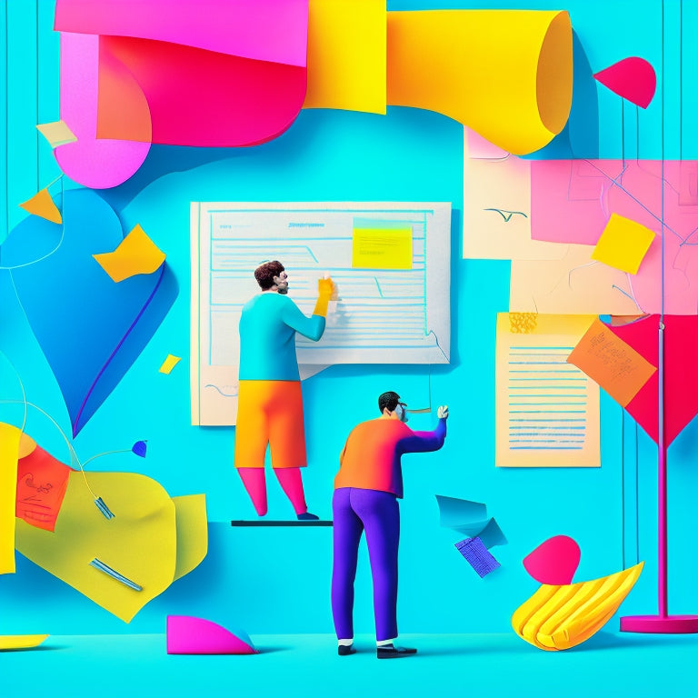 A stylized illustration of a person surrounded by floating, colorful sticky notes, with some notes containing doodles, diagrams, and icons, all connected by subtle lines and arcs, set against a soft, gradient blue background.