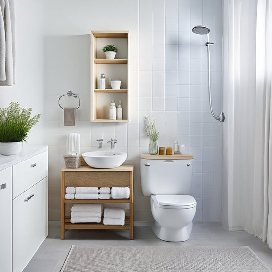 A minimalist, well-lit bathroom with a pedestal sink, a small shower, and a toilet, showcasing a few clever storage solutions like a over-the-toilet shelving unit, a woven basket near the sink, and a suction-cup shower caddy.