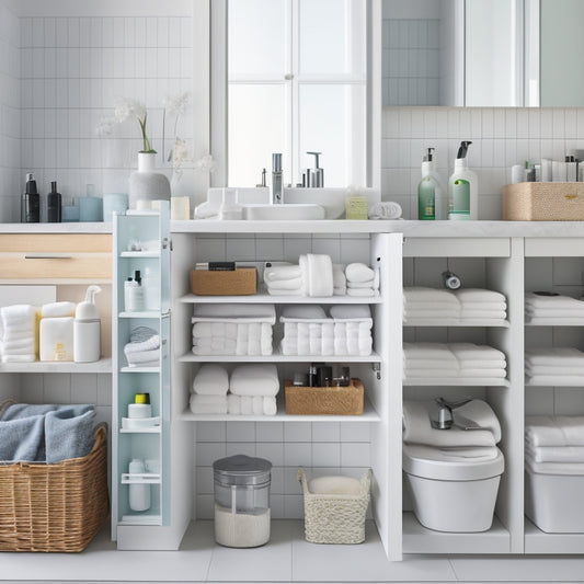 A tidy bathroom cabinet with adjustable shelves, baskets, and bins in various sizes, filled with neatly arranged toiletries, towels, and beauty products, against a soft, white background.