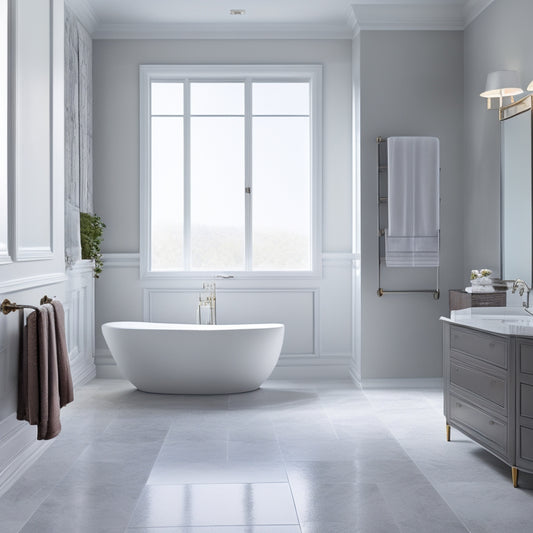A serene bathroom scene with a freestanding tub, surrounded by sleek, white marble floors, and walls adorned with large, rectangular tiles in a soft, calming gray hue.