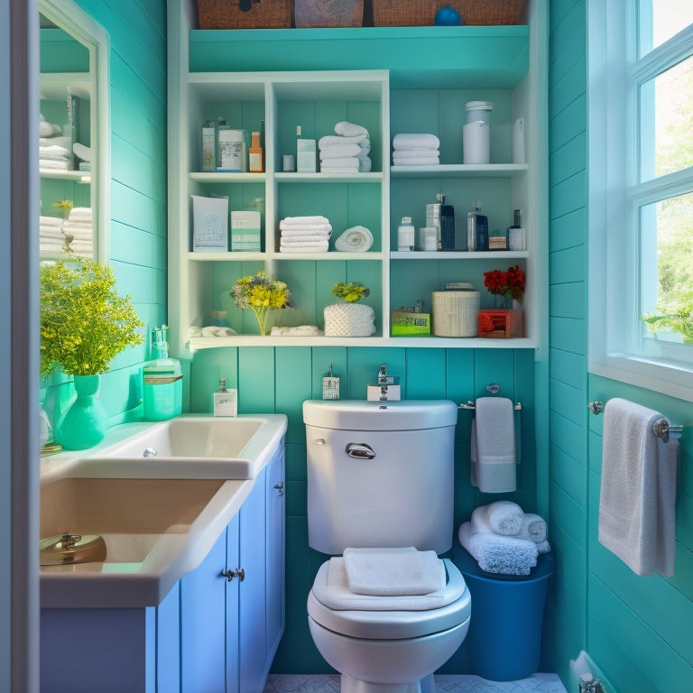 A cluttered small bathroom with toiletries scattered everywhere, contrasted with a tidy version of the same bathroom featuring a pedestal sink with built-in storage, a recessed medicine cabinet, and a wall-mounted shelf.