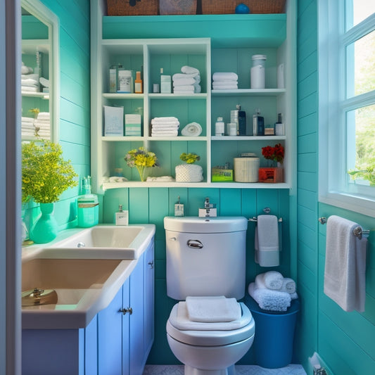 A cluttered small bathroom with toiletries scattered everywhere, contrasted with a tidy version of the same bathroom featuring a pedestal sink with built-in storage, a recessed medicine cabinet, and a wall-mounted shelf.