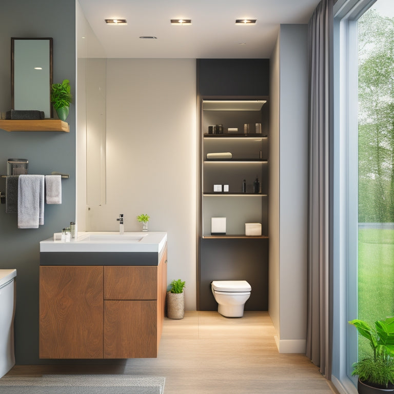 A sleek, modern bathroom with a floor-to-ceiling organizer featuring sliding glass shelves, a recessed LED-lit mirror, and a wall-mounted toilet with a hidden storage compartment.