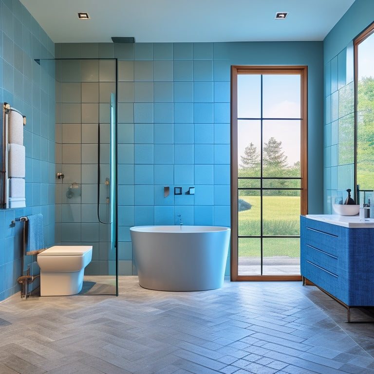 A modern bathroom with a large, freestanding tub, surrounded by a sleek, gray tile floor and walls adorned with a mix of rectangular and hexagonal tiles, featuring a floor-to-ceiling glass shower.