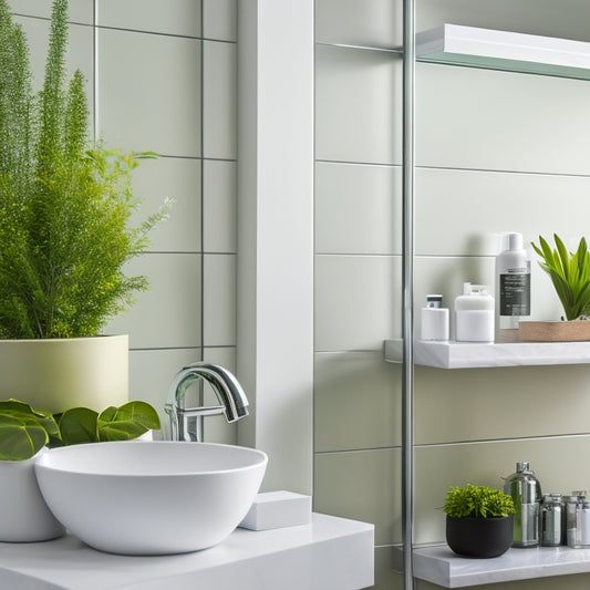 A sleek, modern bathroom with a large, wall-mounted, rectangular shelf in a polished chrome finish, holding a few, carefully arranged, white, cylindrical bottles and a small, potted, green plant.
