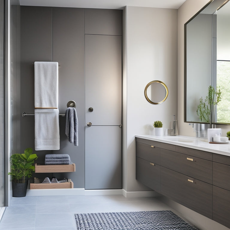 A sleek, modern bathroom with a wall-mounted cabinet featuring a hidden mirror, slide-out drawers, and a secret compartment behind a decorative tile, surrounded by clean lines and minimal decor.