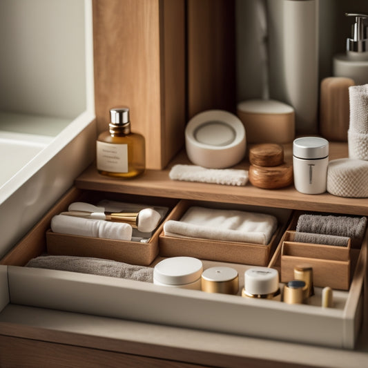 A serene bathroom drawer interior with neatly arranged toiletries, skincare products, and grooming tools, divided into compartments by wooden dividers, against a soft, creamy background.