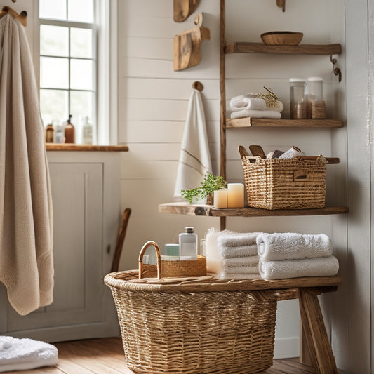A cozy vintage bathroom featuring a repurposed wooden ladder as a towel rack, antique glass jars for toiletries, a distressed cabinet with open shelves, and charming wicker baskets neatly tucked in. Soft natural lighting.